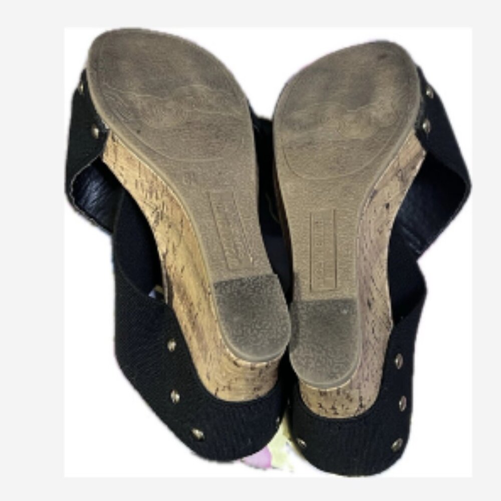 Jaclyn Smith Platform Sandals Women's Size 8.5 Black Elastic Straps 4" Cork Heel - Picture 4 of 5